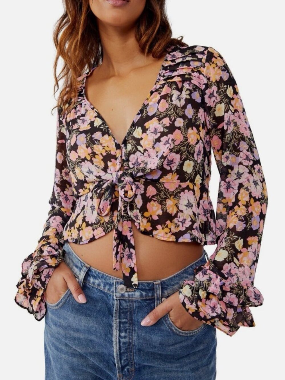 Free People Maybel blouse sheer floral pattern tie-front Sz XS